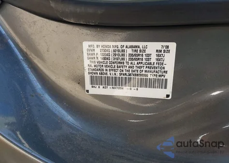 2008 Honda Odyssey Ex-L из США, поврежденный, VIN 5FNRL387X8B098999